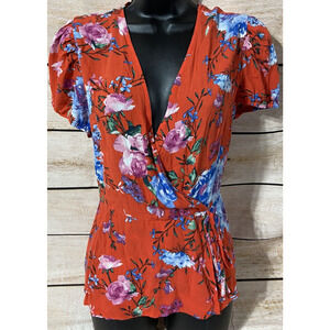 Miami Womens Shirt Size Medium Floral V-neck Red New Casual Short Sleeve